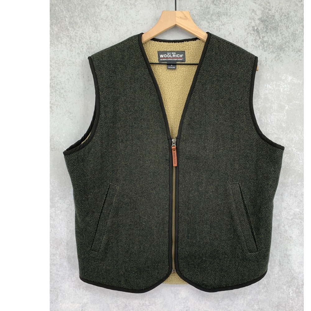 Woolrich Vest Mens Medium Green Brown Wool Blend Sherpa Lined Full Zip Warm